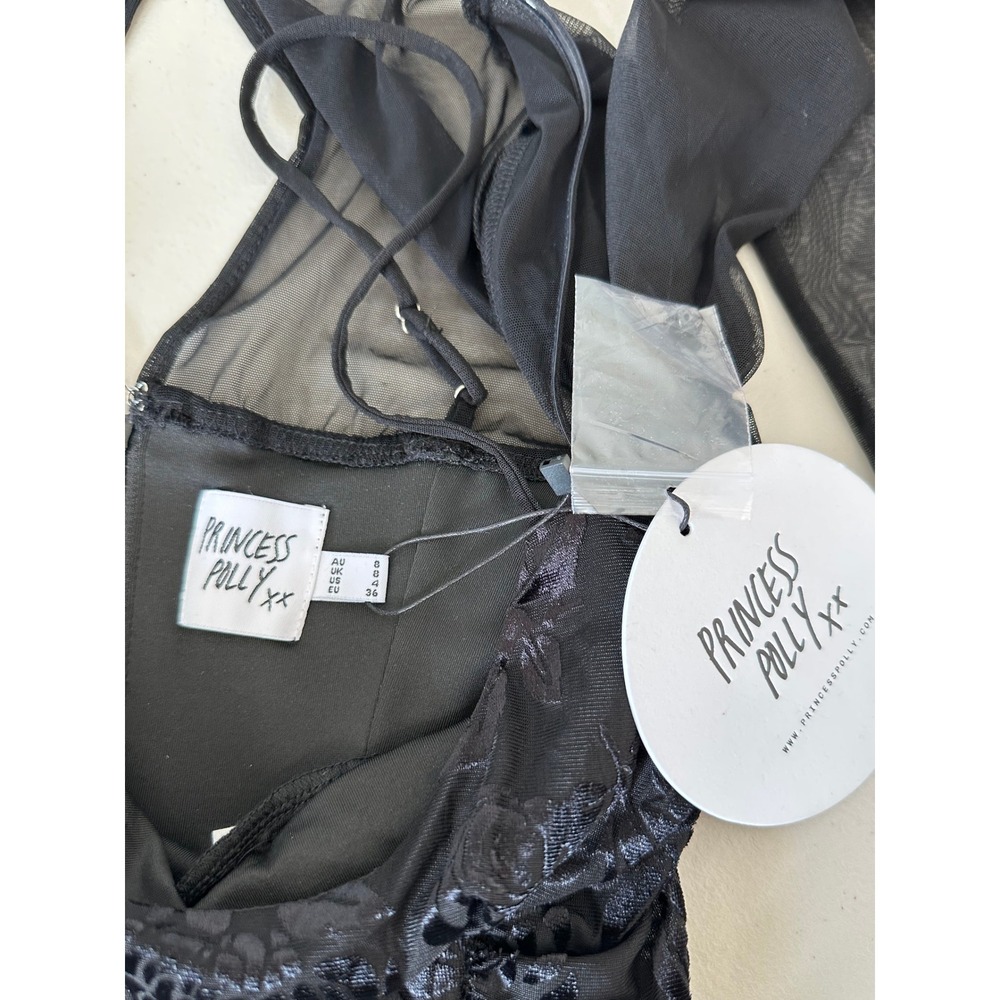 Princess Polly Saculla Long Sleeve Crop Top Size 4 Black Velvet Floral Mesh New - Picture 2 of 7
